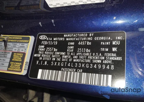 2019 Kia Optima Lx z USA, uszkodzony, nr VIN 5XXGT4L33KG349948